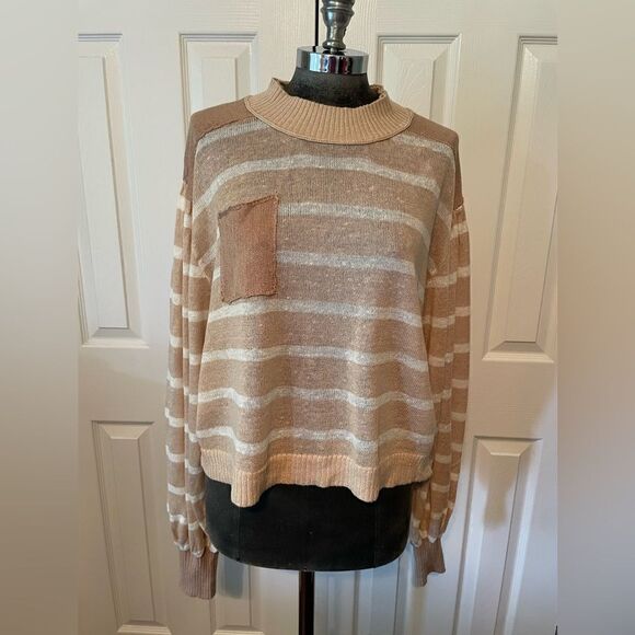Free People Striped Linen Blend Boxy Sweater Size Medium - Picture 1 of 9